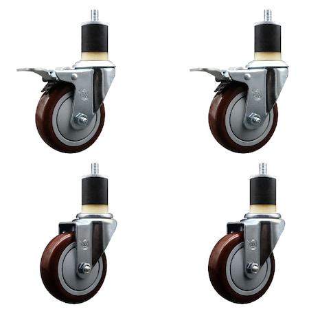 Service Caster 4'' SS Maroon Poly Swivel 1-7/8'' Expanding Stem Caster Set 2 Total Lock Brakes, 4PK SCC-SSEXTTL20S414-PPUB-MRN-2-S-2-178